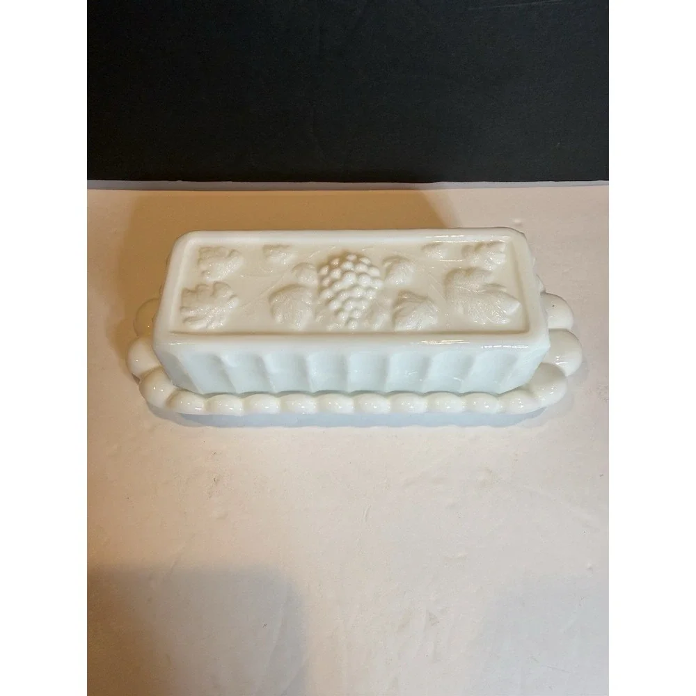 Westmoreland Paneled Grape Milk Glass Covered Butter Dish with Tray